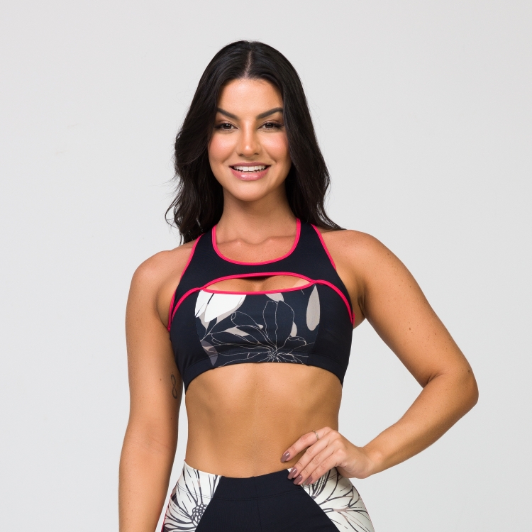 Top Preto Nadador Flower com Recorte